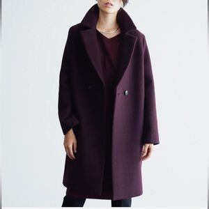 Uniqlo Double Breasted Lightweight Wool Blend Tailored Coat Wine Burgundy